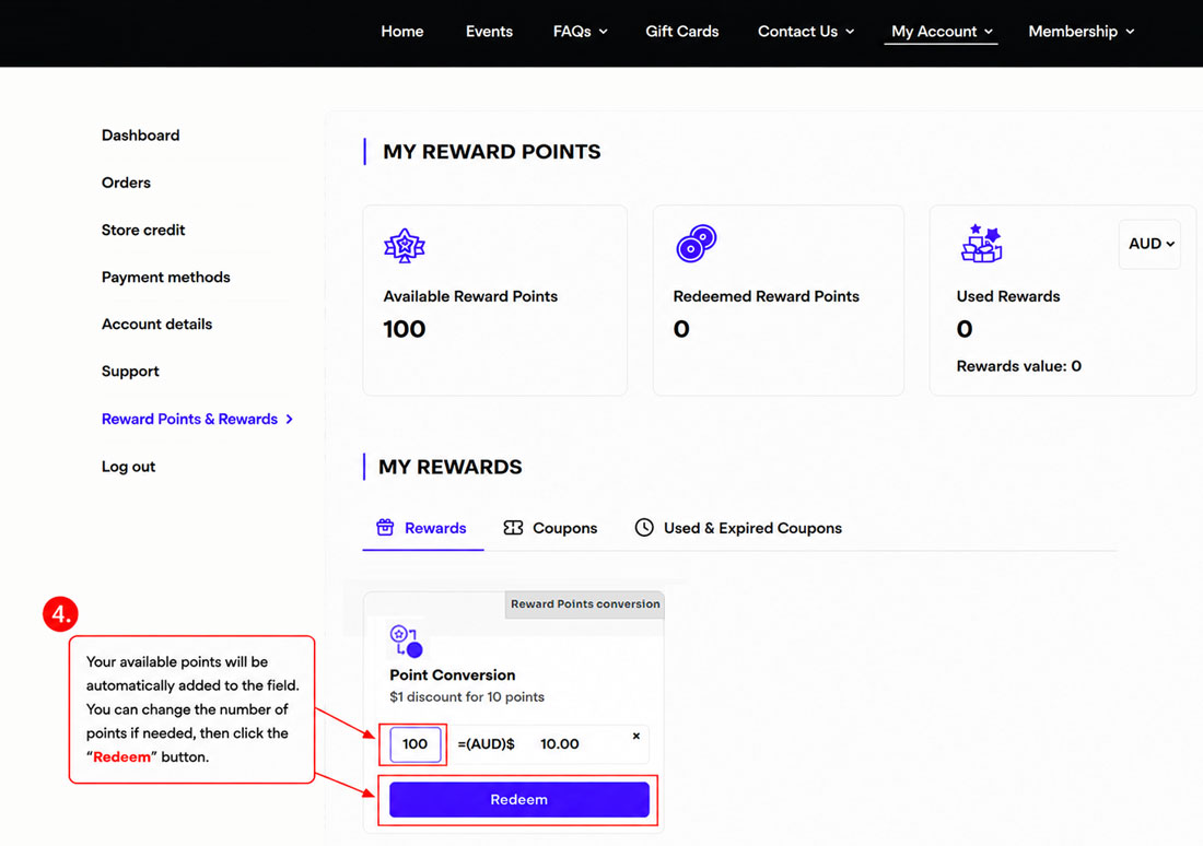 How to redeem reward points – Step 4: Choose points and click the Redeem button