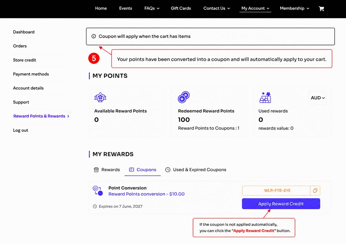 How to redeem reward points – Step 5: Reward coupon automatically applied to cart